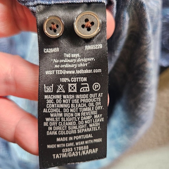 Ted Baker Shirt Men Size 5 Flip‎ Cuff Button Up Long Sleeve Leaf Print Blue Tone - Picture 6 of 12